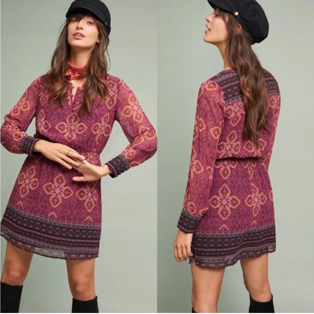 Maeve Meredith printed mini dress in maroon women's XS boho western hippie - Picture 1 of 10